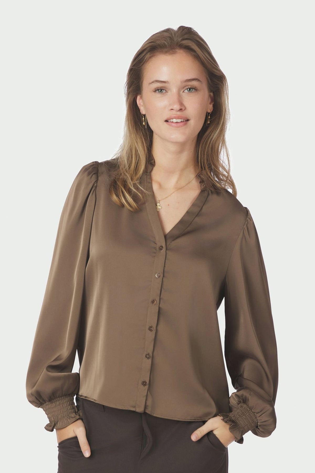 Delsie Drapy Sateen Blouse Dusty Brown - 167479