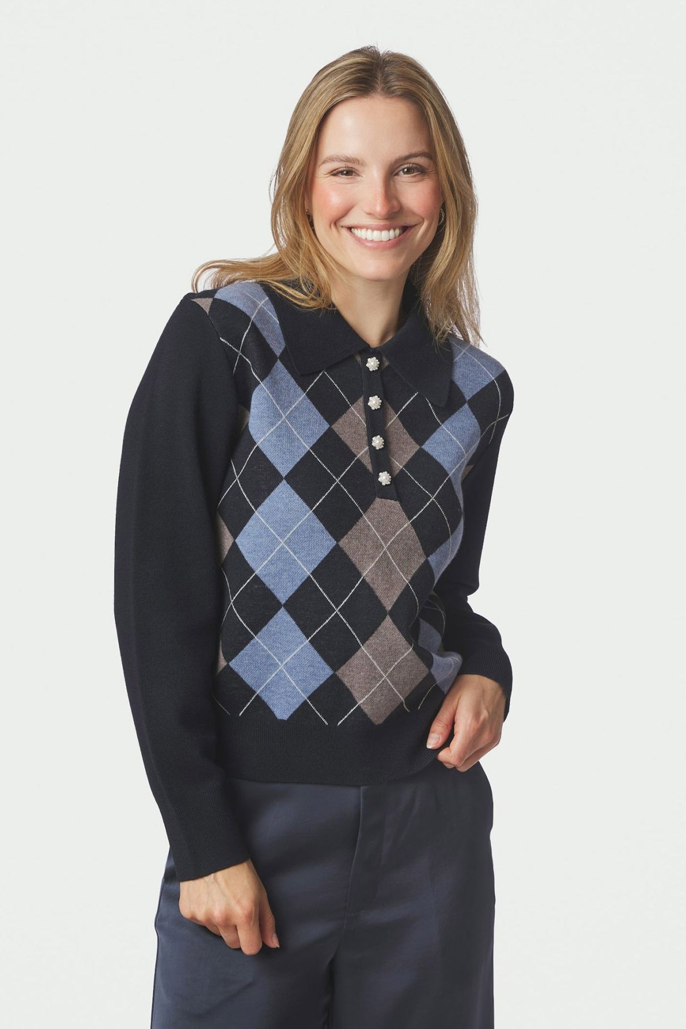 Julina Check Knit Blouse Navy - 168829