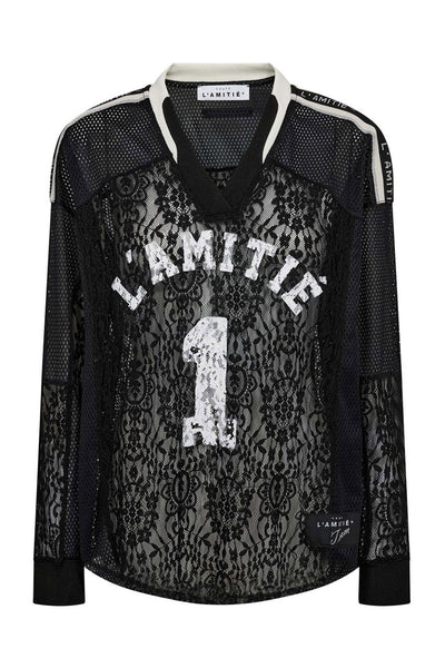 Lace Football V- Blouse Black - HL10468 Thumbnail