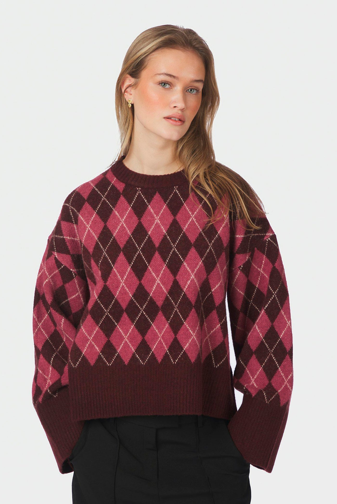 Kick Check Knit Blouse Wine - 165204