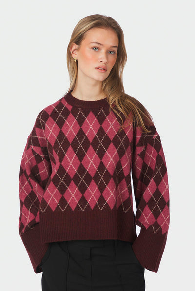 Kick Check Knit Blouse Wine - 165204 Thumbnail