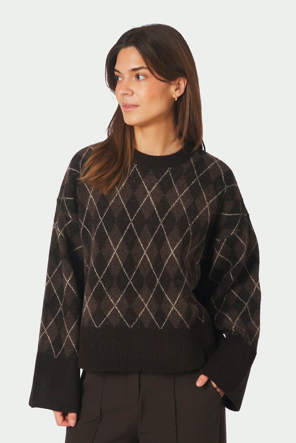 Kick Check Knit Blouse Dark brown - 165204