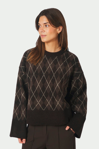 Kick Check Knit Blouse Dark brown - 165204 Thumbnail