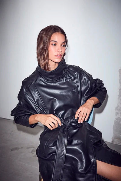 Sue Leather Trench Black - HL10856 Thumbnail