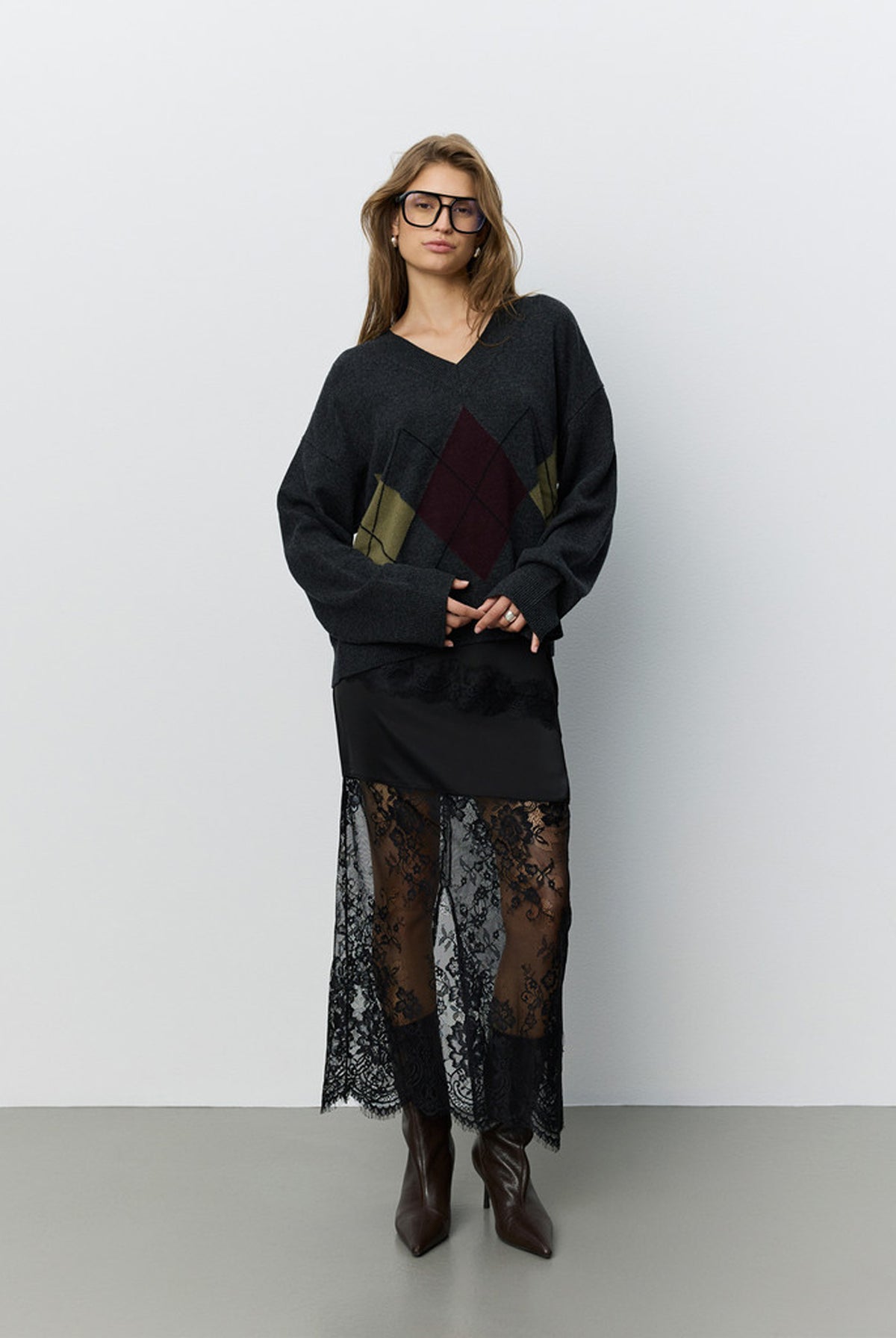 Paleasw V-Neck Argyle Knit Swe DARK GREY - S264281