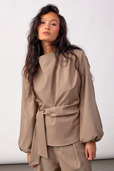 LunaCC Tie Blouse 20018-Taupe - 500386 Thumbnail