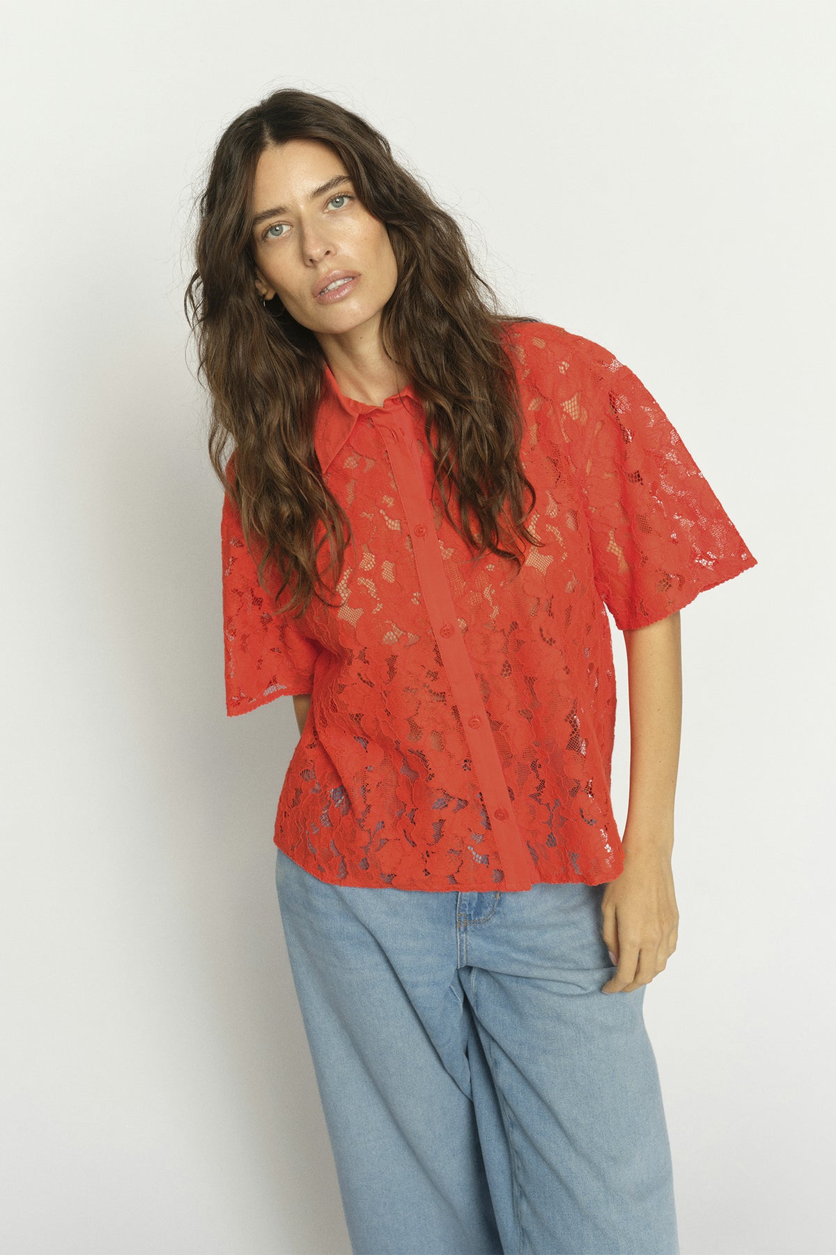MMLia River SS Lace Shirt Spicy Orange - 177140