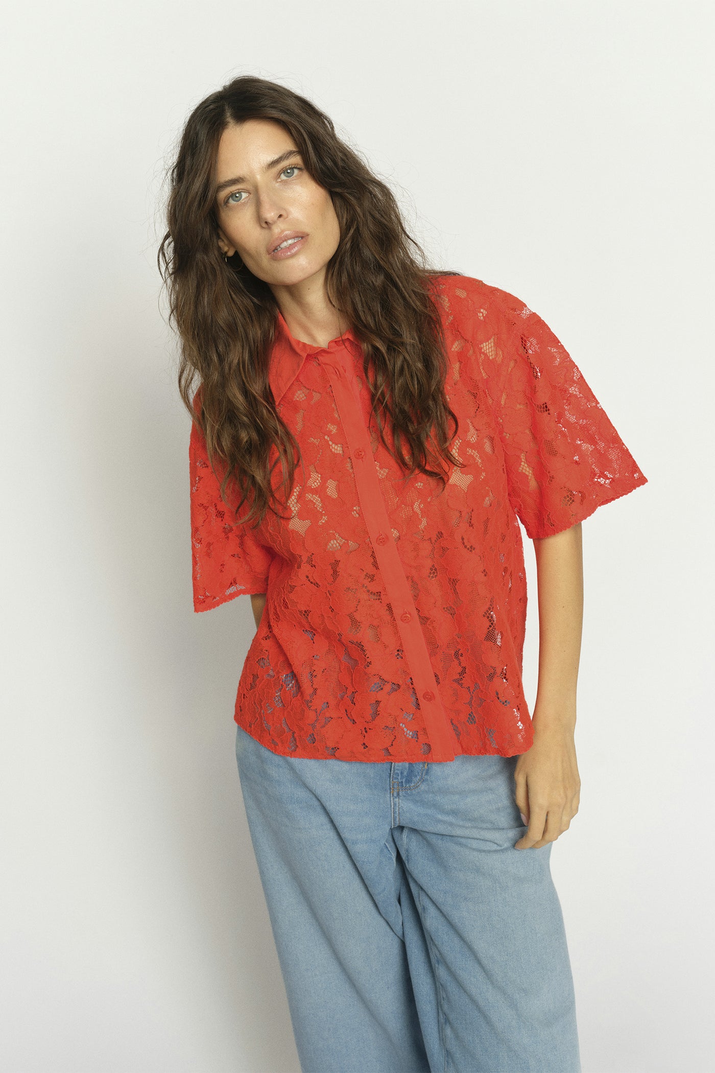 MMLia River SS Lace Shirt Spicy Orange - 177140