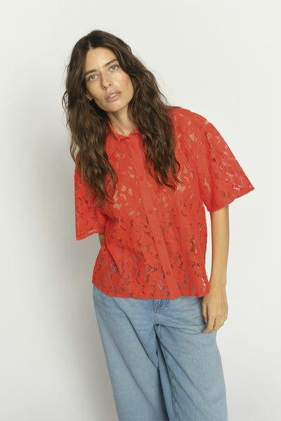 MMLia River SS Lace Shirt Spicy Orange - 177140 Thumbnail