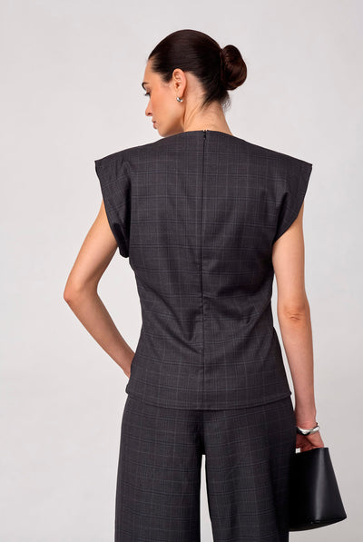 EloraCC Check Pleat Top 65002-Dark Grey - 500306 Thumbnail