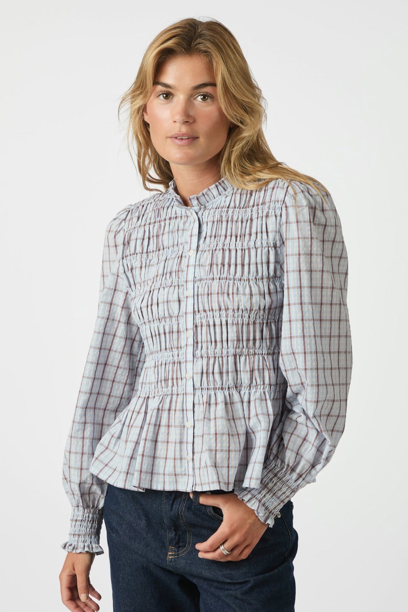 Mocca Smock Check Blouse Light Blue - 166900