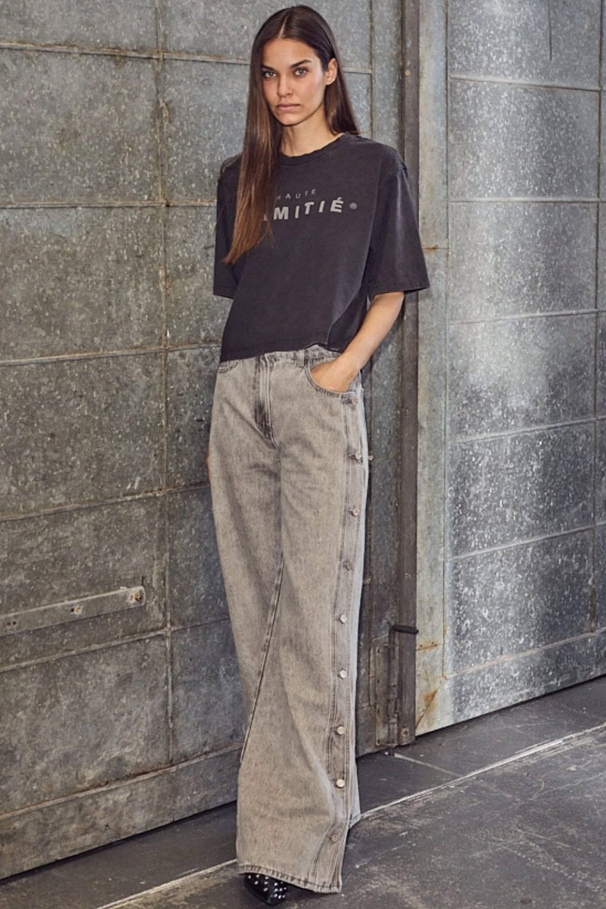 Side Panel Button Jeans Light grey - HL10328