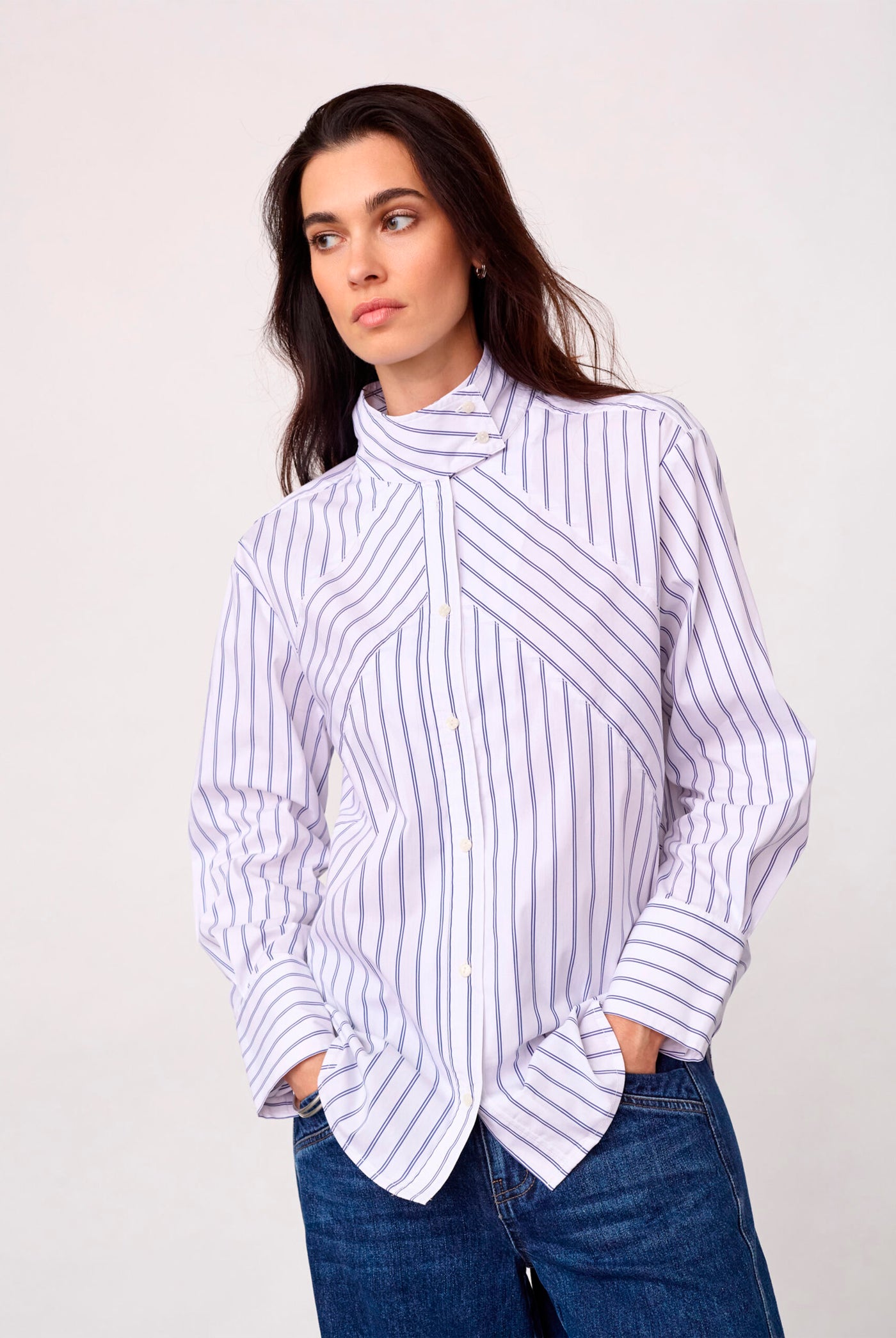 SomoCC Stripe Funnel Neck Shir 10001-White - 500372