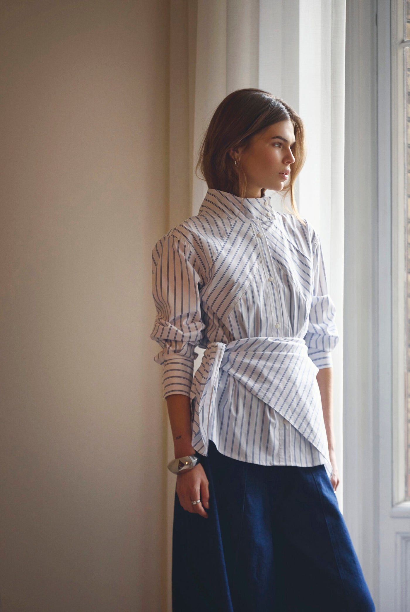 SomoCC Stripe Funnel Neck Shir 10001-White - 500372