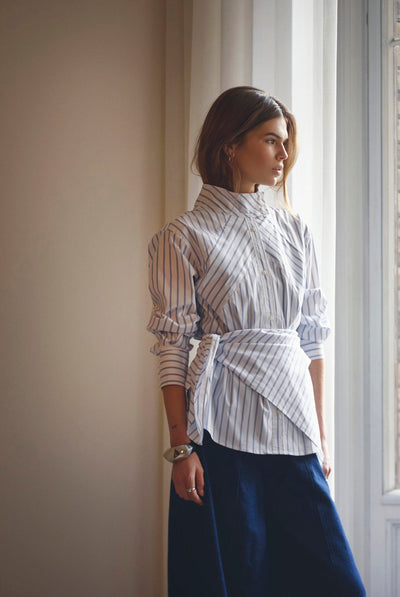 SomoCC Stripe Funnel Neck Shir 10001-White - 500372 Thumbnail