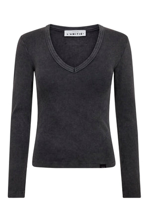 Deep V LS Rib Acid Tee Black Acid Wash - HL10892