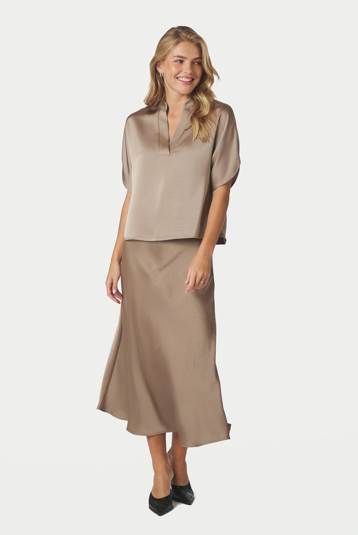 Anelle Heavy Sateen Blouse DARK TAUPE - 168286