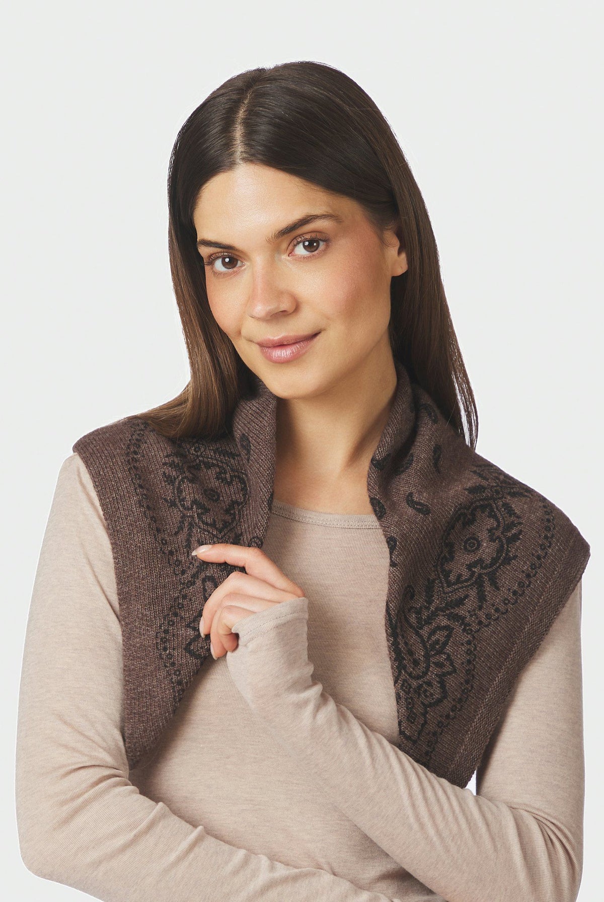 Adelina Paisley Knit Scarf Brown Melange - 169506
