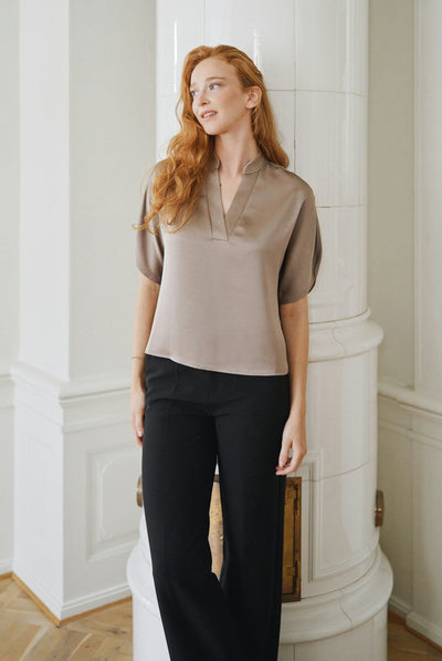 Anelle Heavy Sateen Blouse DARK TAUPE - 168286 Thumbnail