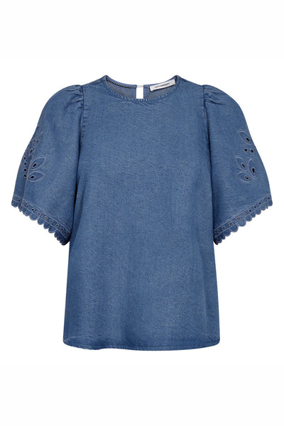 TillyCC Emb SS Blouse 552-Denim blue - 45057 Thumbnail