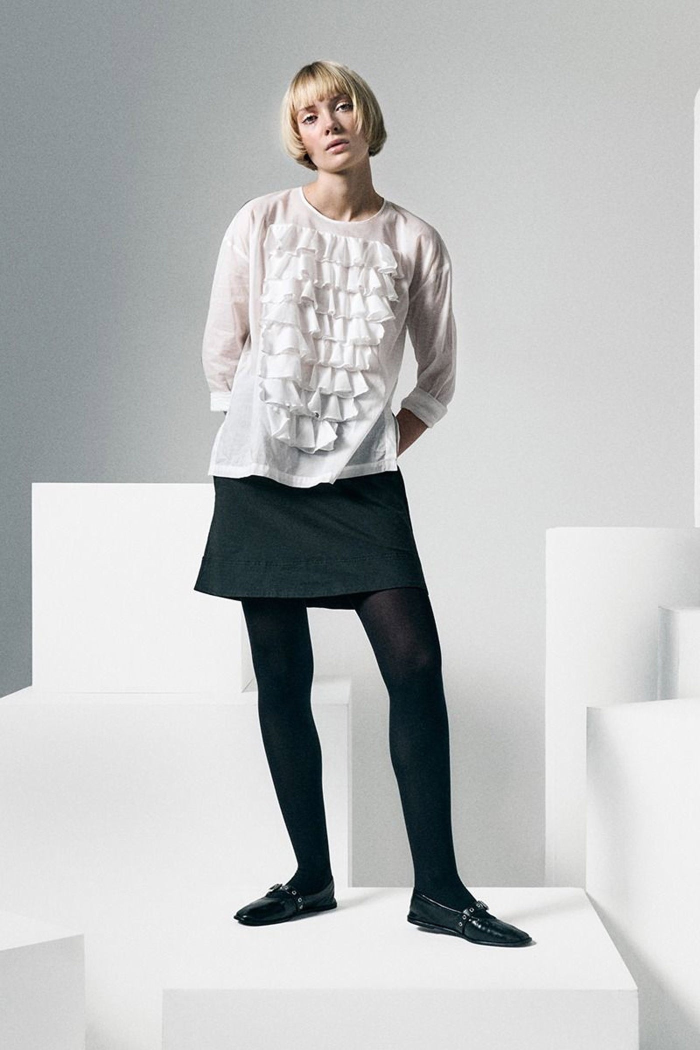 Washi voile bluse med flæser LILY WHITE - 257-2357-5428